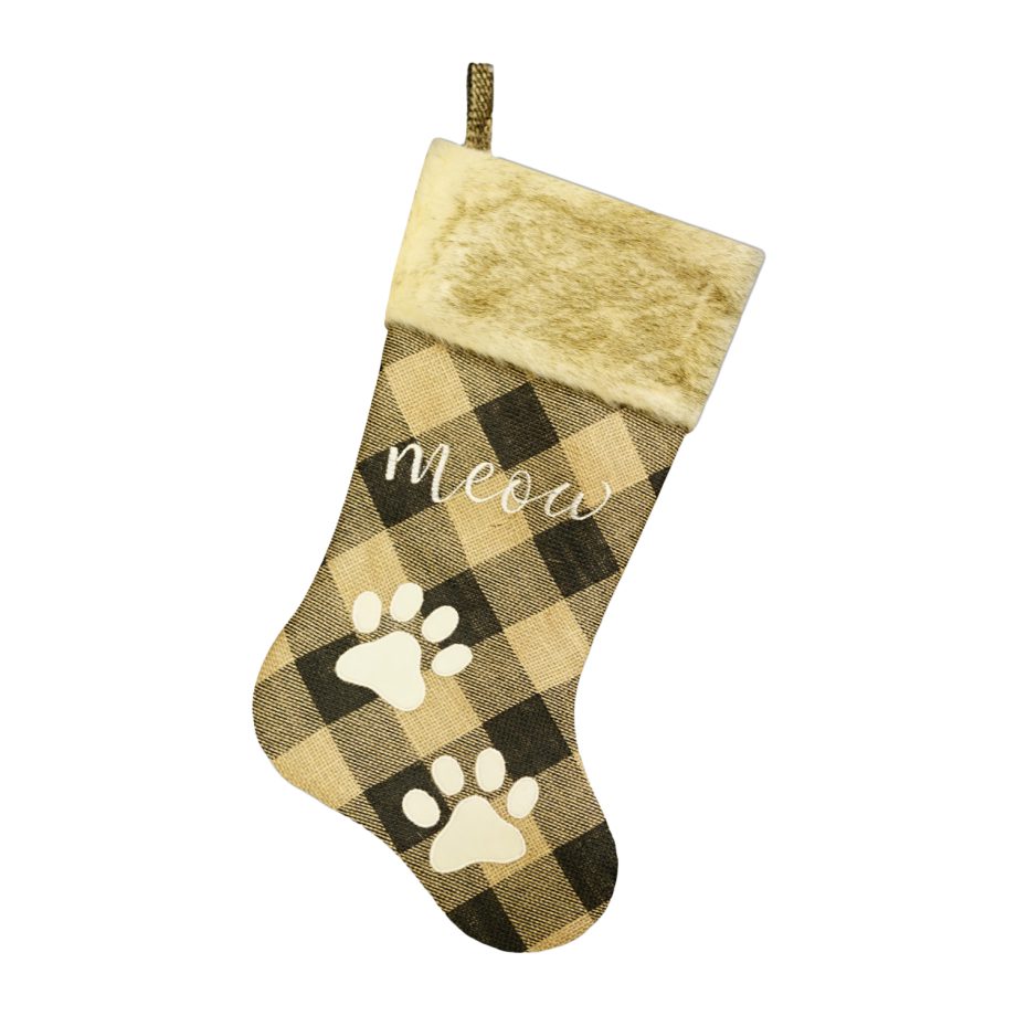 STOCKING 20.5" TAN/BLACK BURLAP PLAID W/ FAUX FUR CUFF, PAW EMBROIDERY