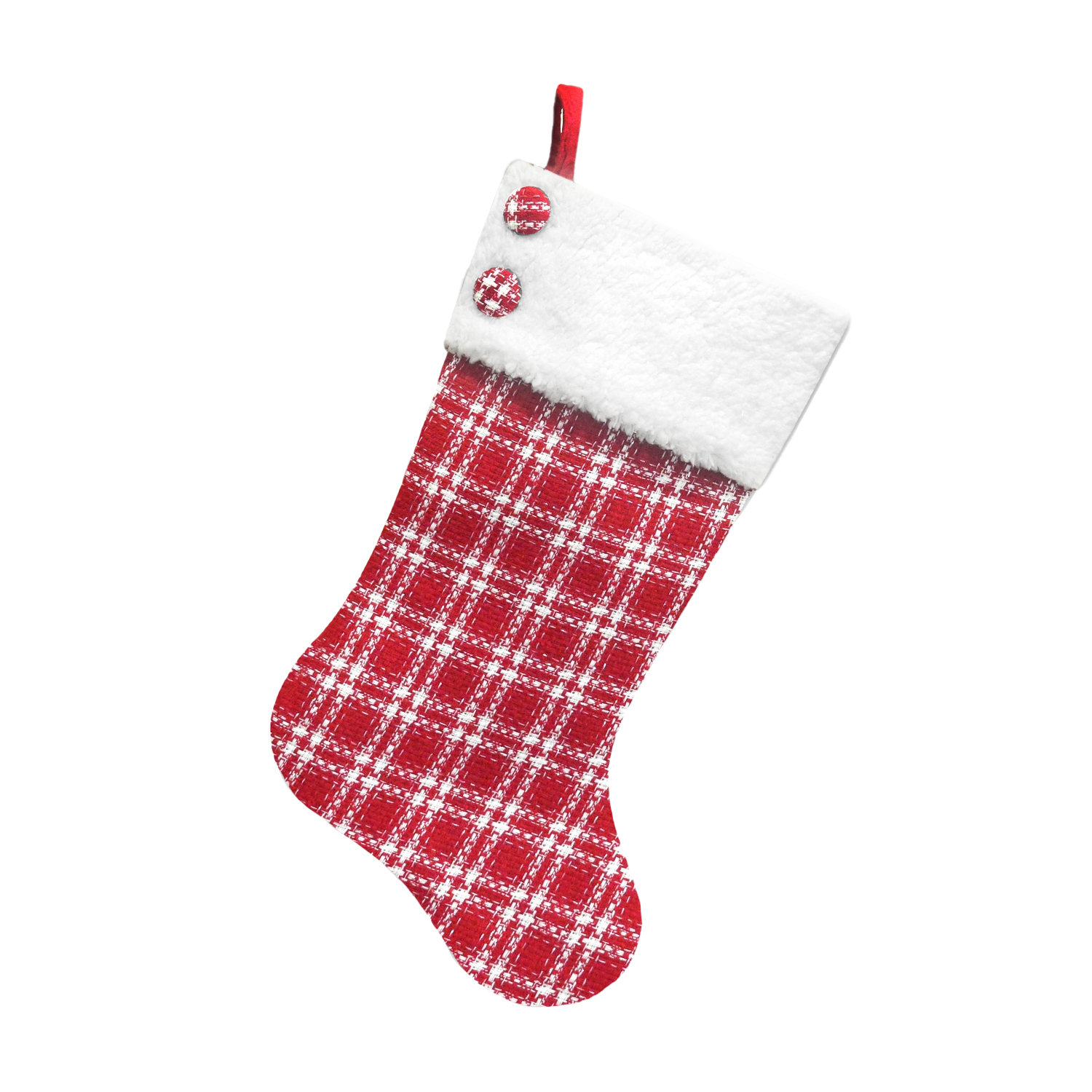 STOCKING 20.5" RED/WHITE PLAID W/ SHERPA CUFF & BUTTONS