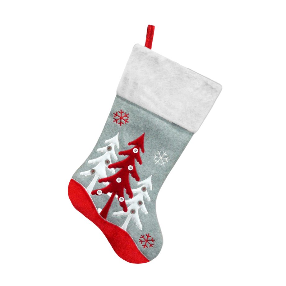 STOCKING 20.5" GRAY/WHITE FLEECE W/ FAUX FUR CUFF, TREE EMBROIDERY