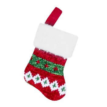 STOCKING MINI 6" RED/GREEN CHENILLE KNIT W/ FAUX FUR CUFF