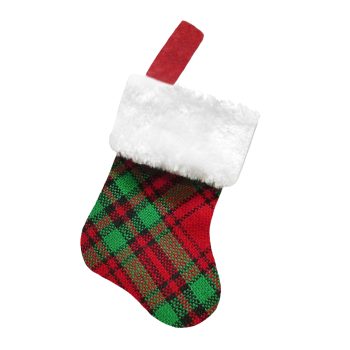 STOCKING MINI 6" RED/GREEN PLAID W/ FAUX FUR CUFF