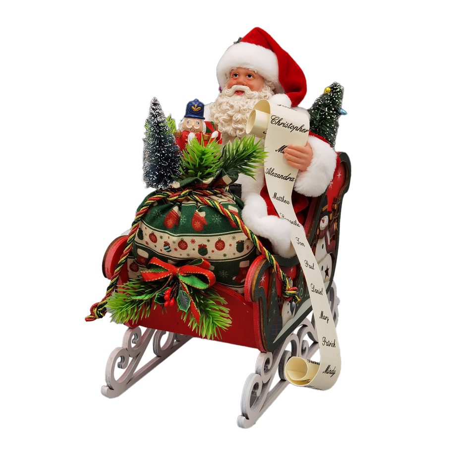 SANTA SITTING 10" W/ SLEIGH & GIFTS RED/GREEN /GOLD