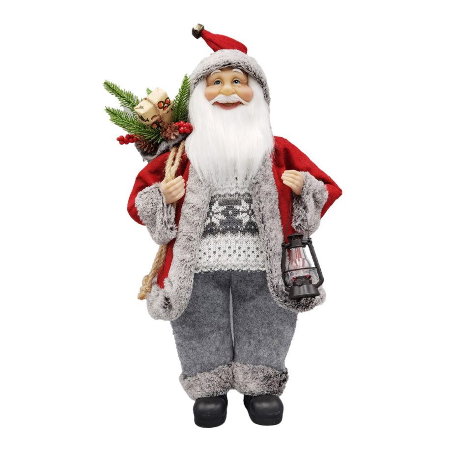 SANTA STANDING 18" W/ SACK & LANTERN RED/GRAY