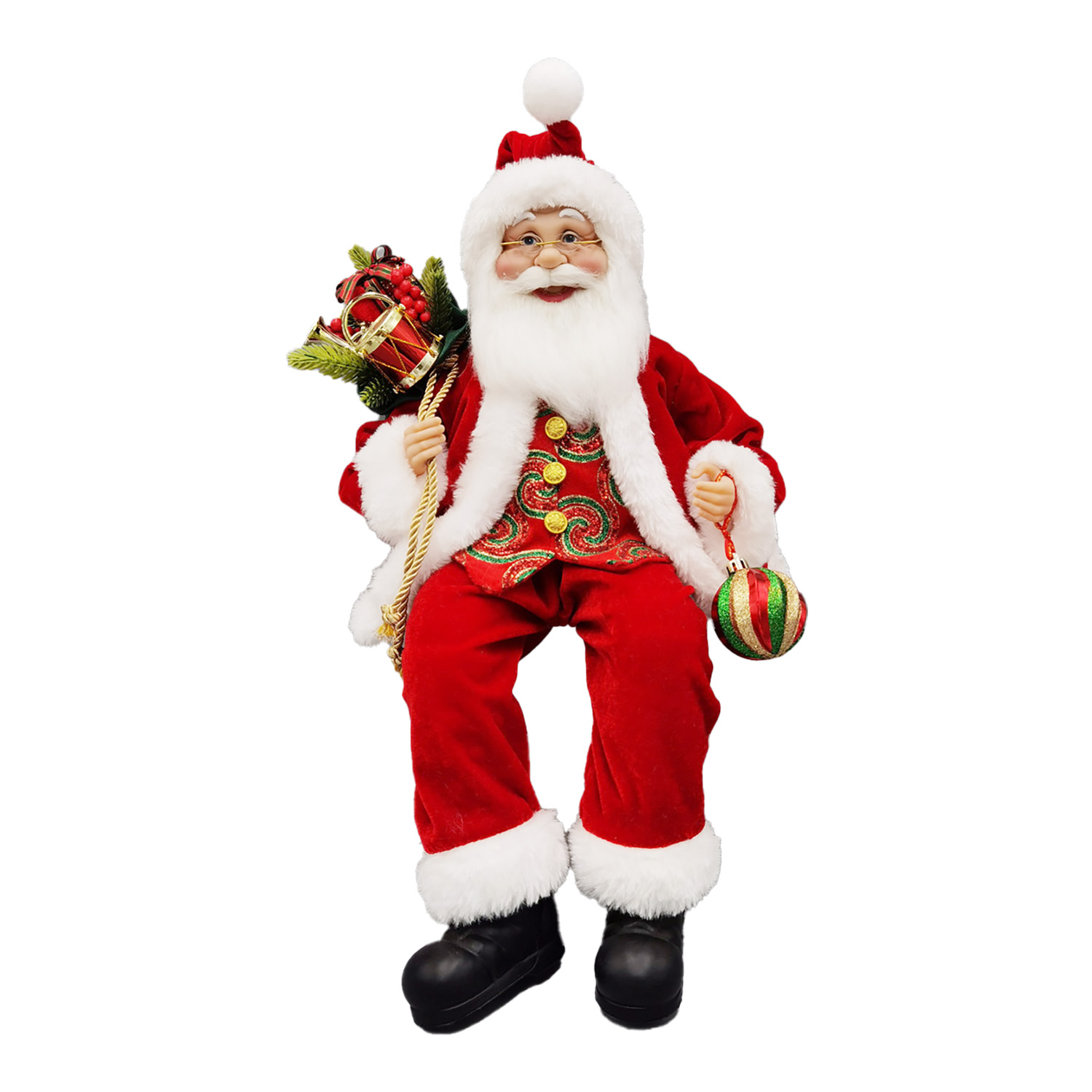 SANTA 18" SITTING W/ SACK RED/GREEN/GOLD
