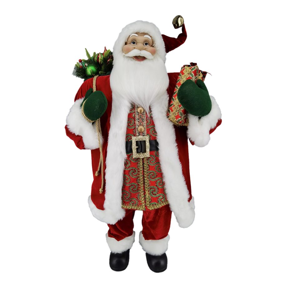 SANTA STANDING 48" W/ SACK RED/GREEN/GOLD