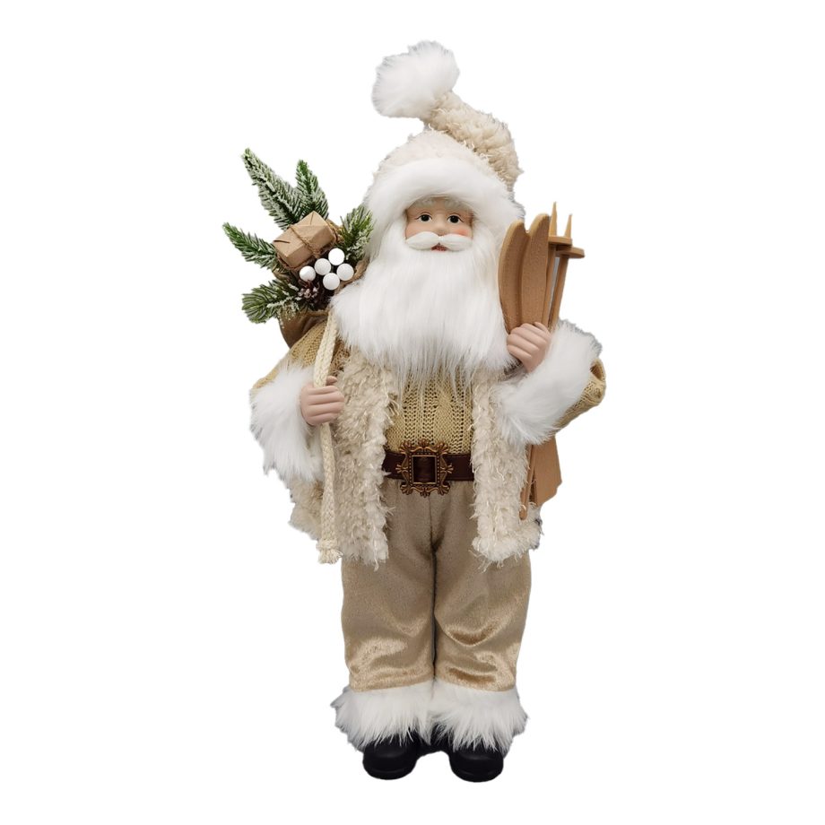 SANTA STANDING 18" W/ SKIS & GIFT SACK IVORY/GOLD