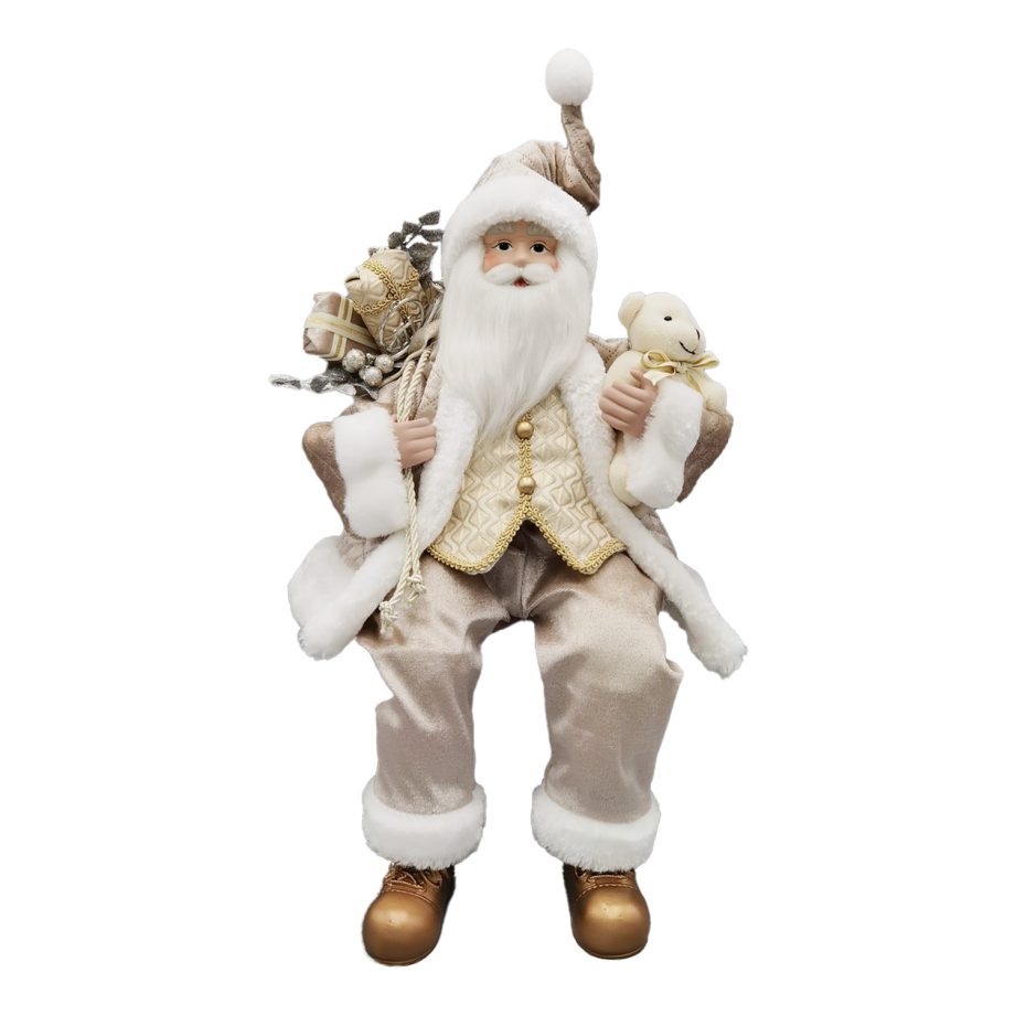 SANTA SITTING 18"W/ TEADY BEAR IVORY/GOLD