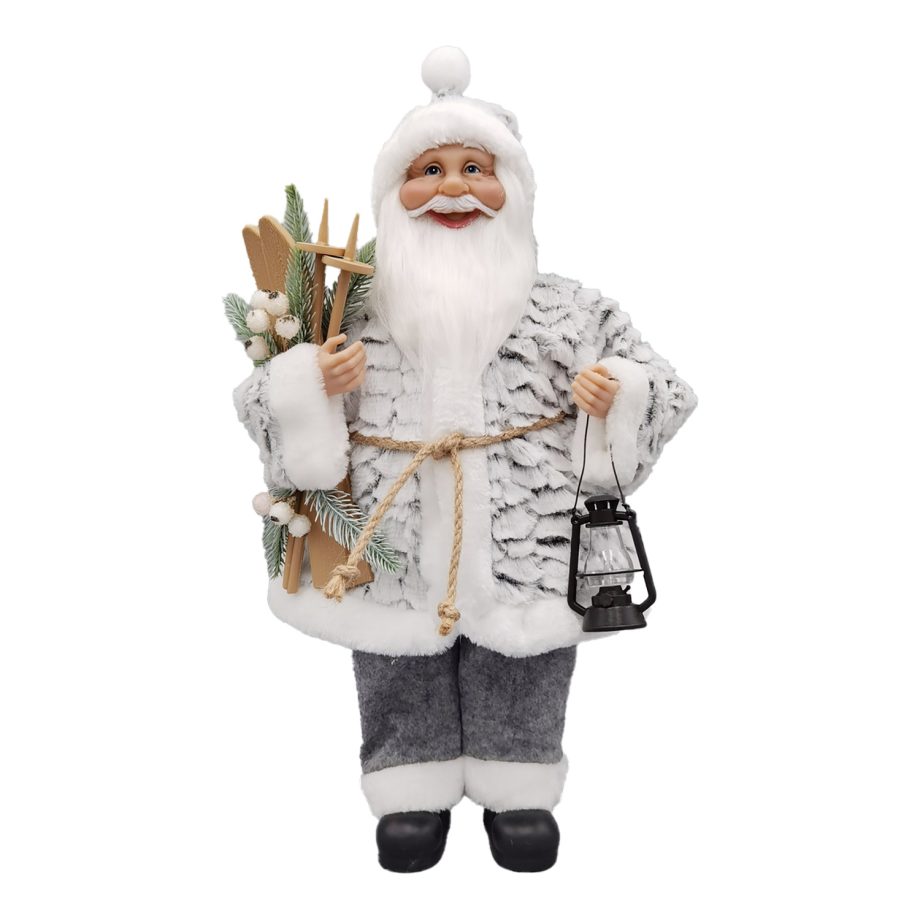 SANTA STANDING 18" W/ SKIS & LANTERN GRAY