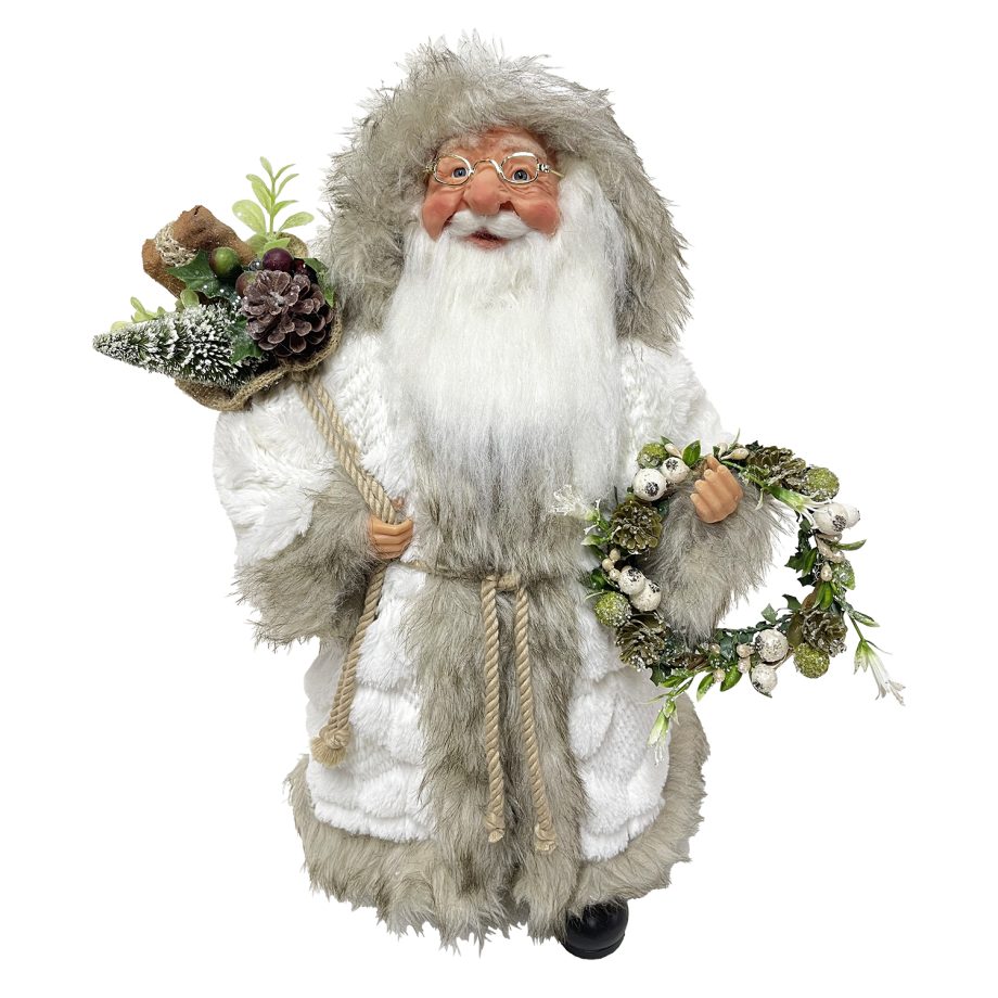 SANTA STANDING 18" W/ GIFT HOLDING A WREATH WHITE/BEIGE