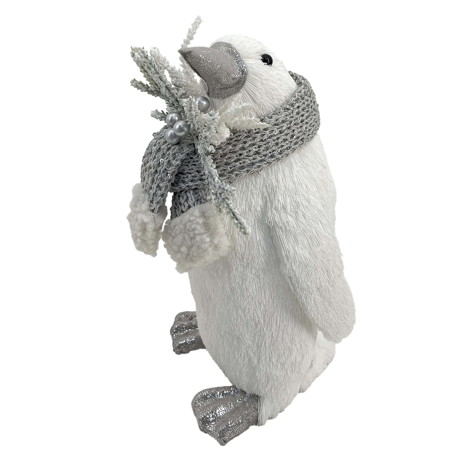 PENGUIN STANDING FAUX GRASS WHITE 6.5"X10" W/ SCARF, FROSTED PINE & BERRIES