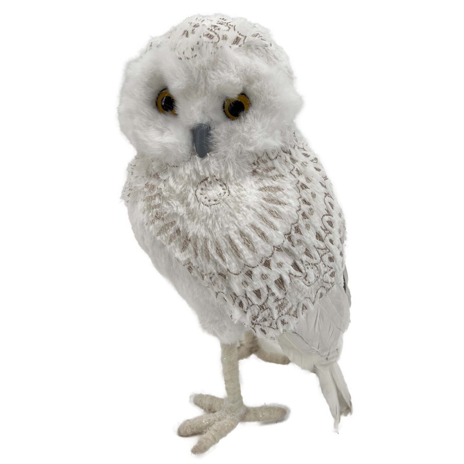 OWL WHITE STANDING FABRIC & FAUX FUR 6"x10" W/ FEATHERS