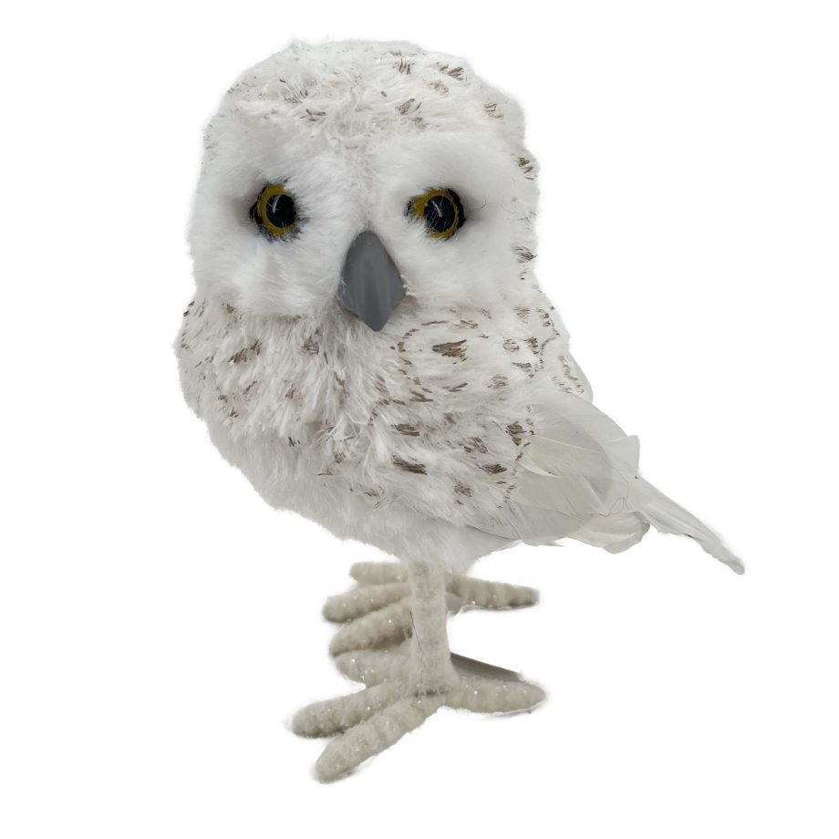 OWL WHITE STANDING FABRIC & FAUX FUR 4"x5.5" W/ FEATHERS