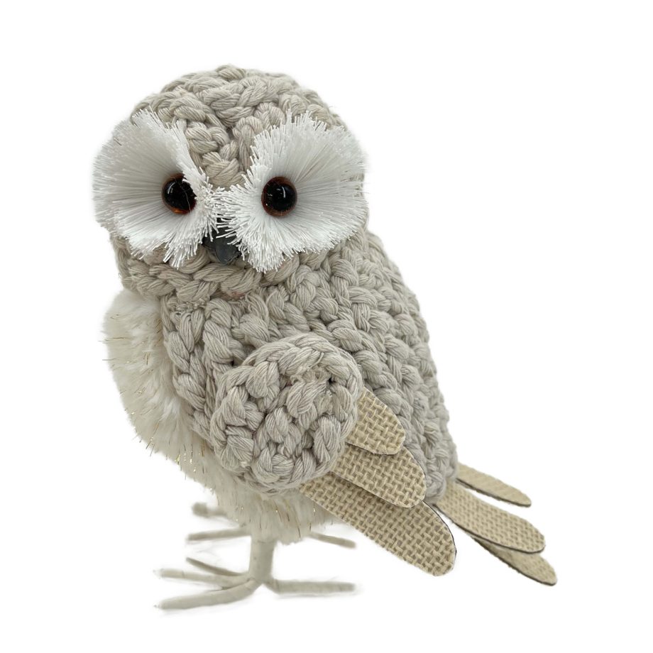 OWL BEIGE STANDING FABRIC KNIT 6.5"x7.5" W/ BURLAP WINGS