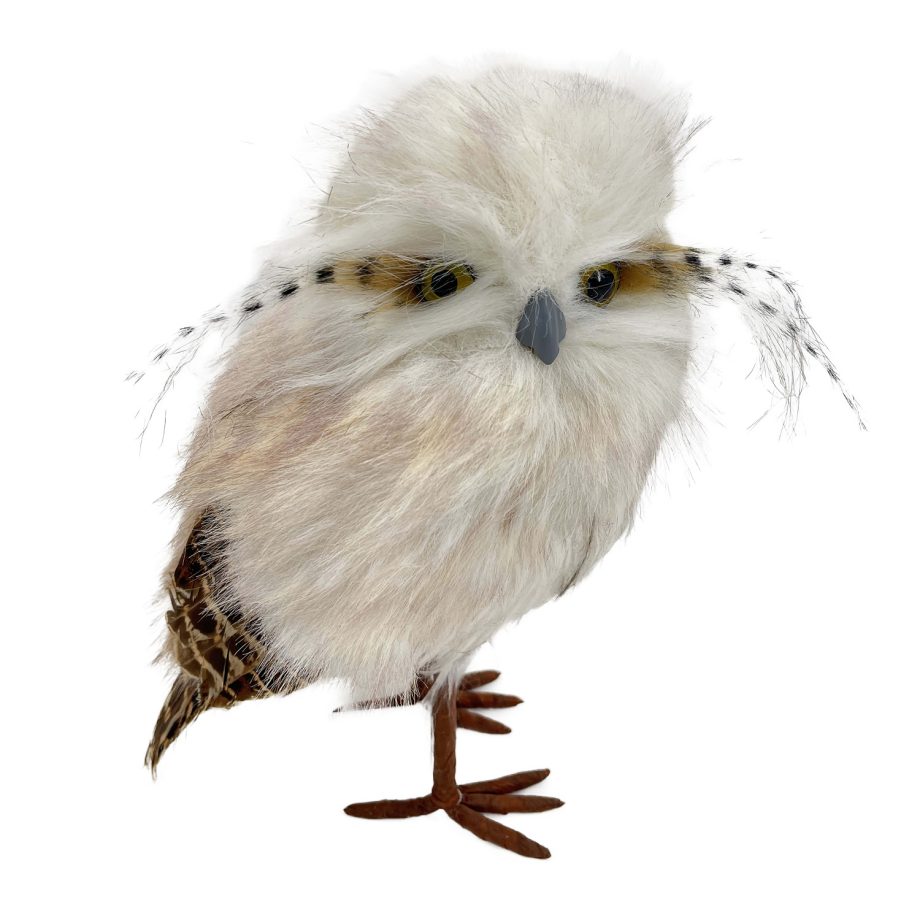 OWL BEIGE STANDING FAUX FUR 5"x8.5" W/ FEATHERS