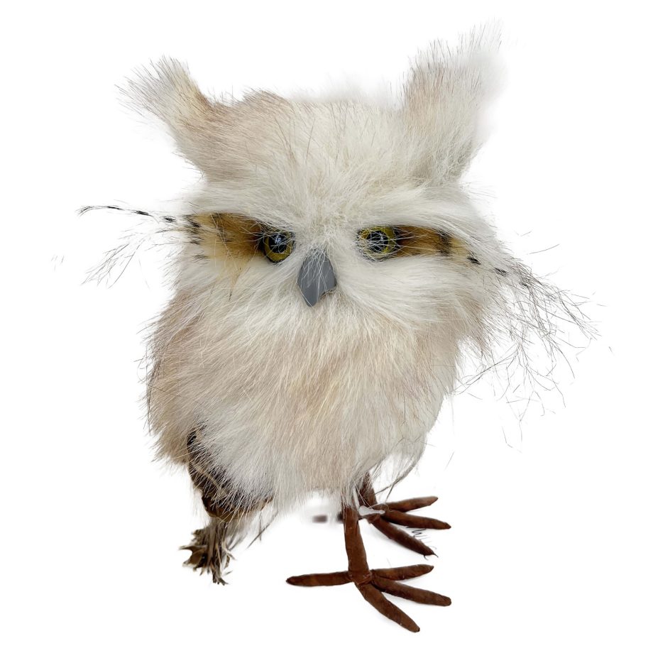 OWL BEIGE STANDING FAUX FUR 4.5"x7" W/ FEATHERS