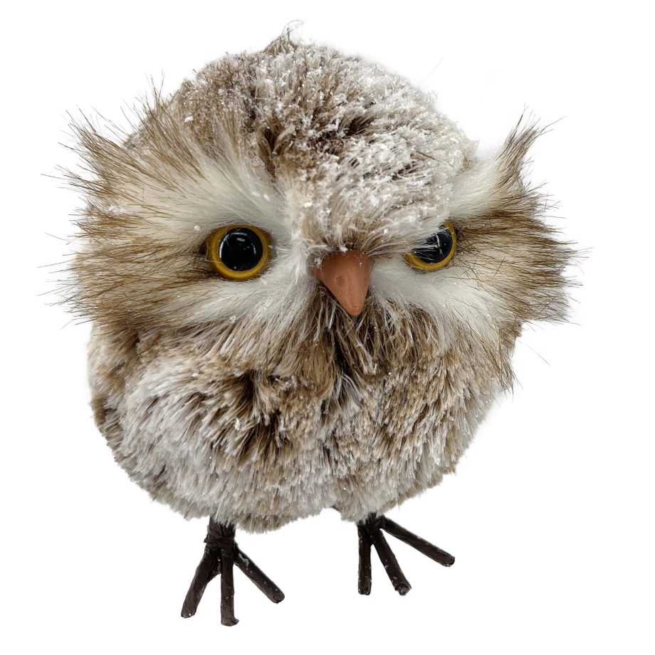 OWL BROWN/WHITE STANDING FAUX FUR 4.5"x5" SNOW FLOCKED