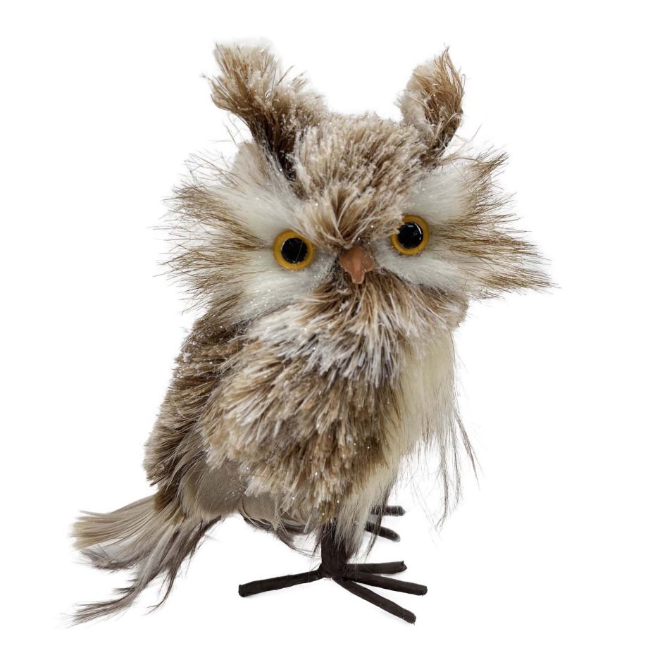 OWL BROWN WHITE STANDING FAUX FUR 3"x6" SNOW FLOCKED