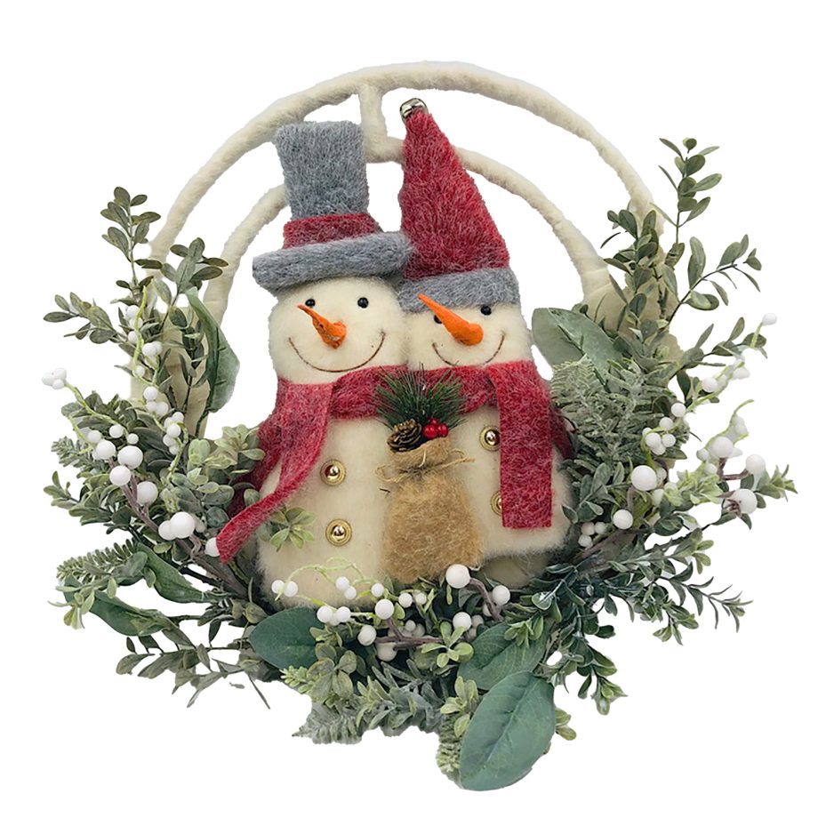 WREATH SNOWMAN 16.5" CREAM/NATURAL W/ BERRIES & GREENERY