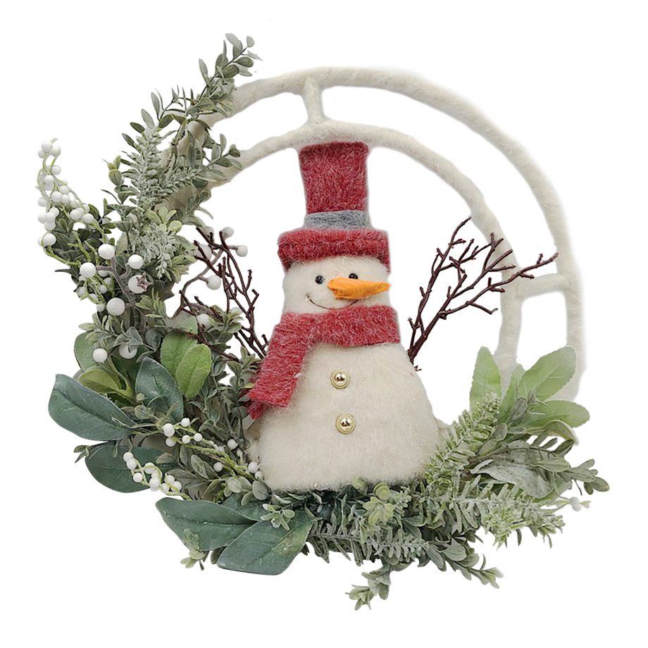 WREATH SNOWMAN 17" CREAM/NATURAL W/ BERRIES & GREENERY
