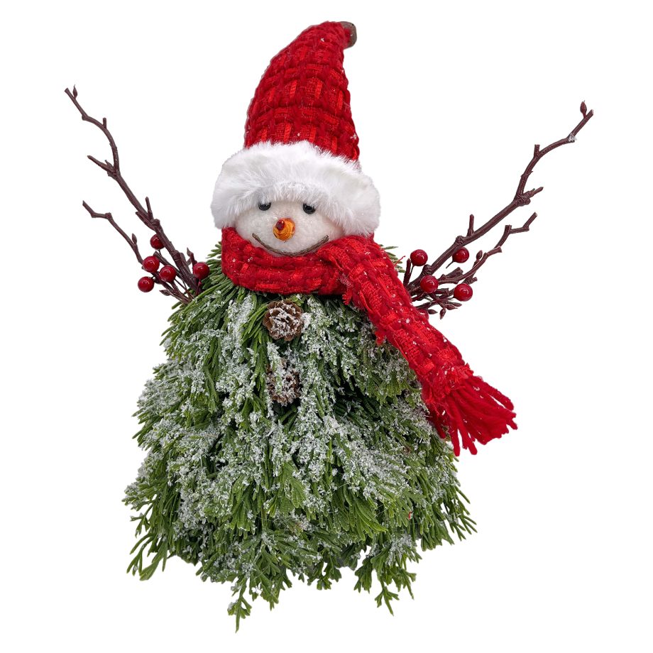 SNOWMAN PINE BODY|FABRIC HAT RED/GREEN 11"x14" W/ SCARF & TWIGS