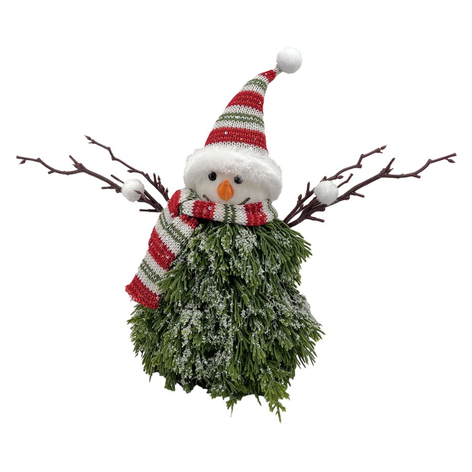 SNOWMAN PINE BODY|FABRIC HAT RED/GREEN 11"x14" W/ SCARF & TWIGS