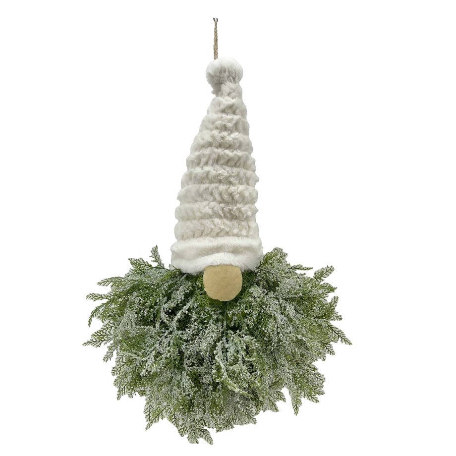 GNOME HANGING PINE BODY|FUR HAT GREEN/NATURAL 19.5"x27.5" FROSTED