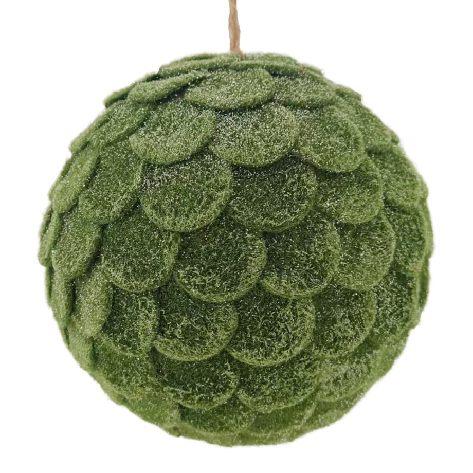 BALL FABRIC FELT SCALLOP 6" GREEN MOSS LOOK FROSTED