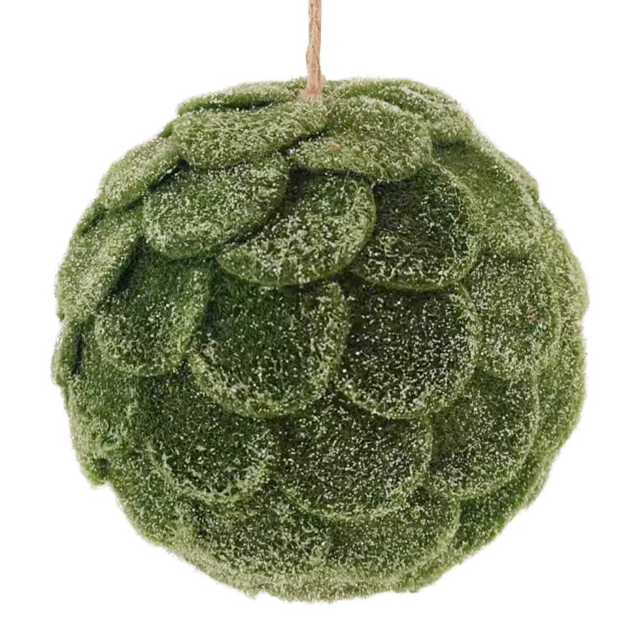 BALL FABRIC FELT SCALLOP 4" GREEN MOSS LOOK FROSTED