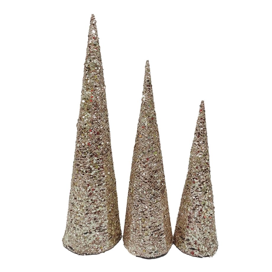 CONE TREE YARN/ GLTR 15.5"/19.5"/23.5" ROSE GOLD W/ GLITTER & SEQUINS 3PC