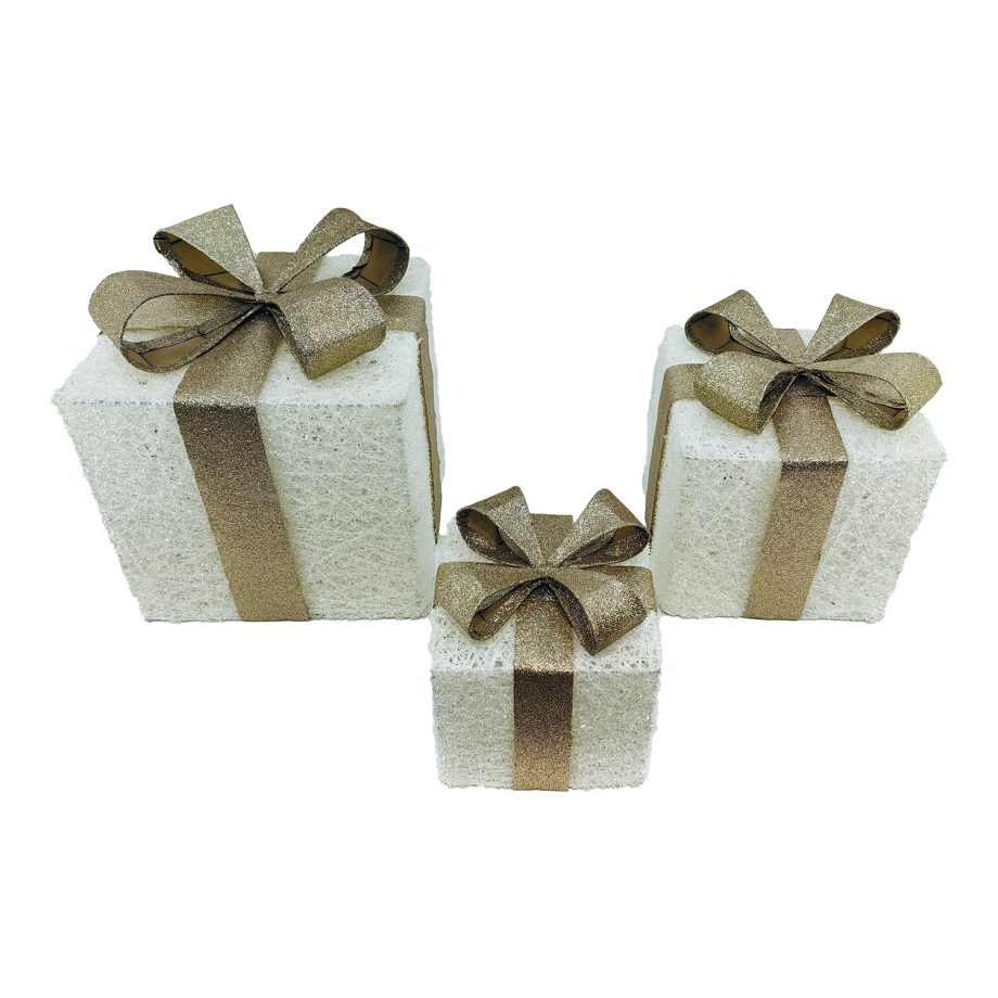 GIFT BOX TABLE DECOR 3PC SET 6''/8''/10'' GLITTER THREAD W/ BOW