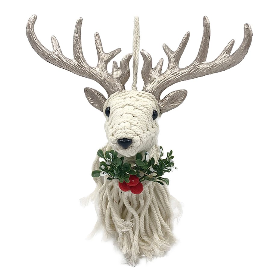 REINDEER HEAD KNOTCRAFT 12.5" CREAM/NATURAL W/ BERRIES & BELLS