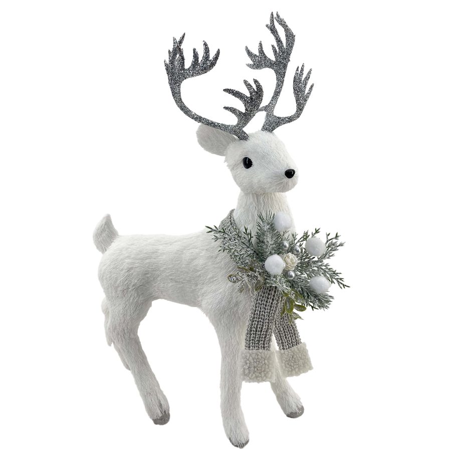REINDEER STANDING FAUX GRASS WHITE 15"x19.5" W/ SCARF, FROSTED PINE & BERRIES