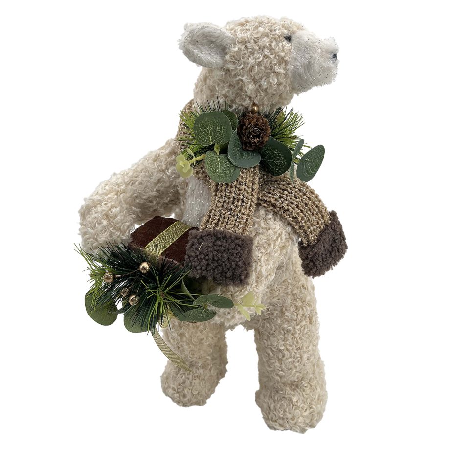 BEAR BEIGE SHERPA STANDING 8"x14" W/ SCARF, NEEDLE PINE, CONE & EUCALYPTUS