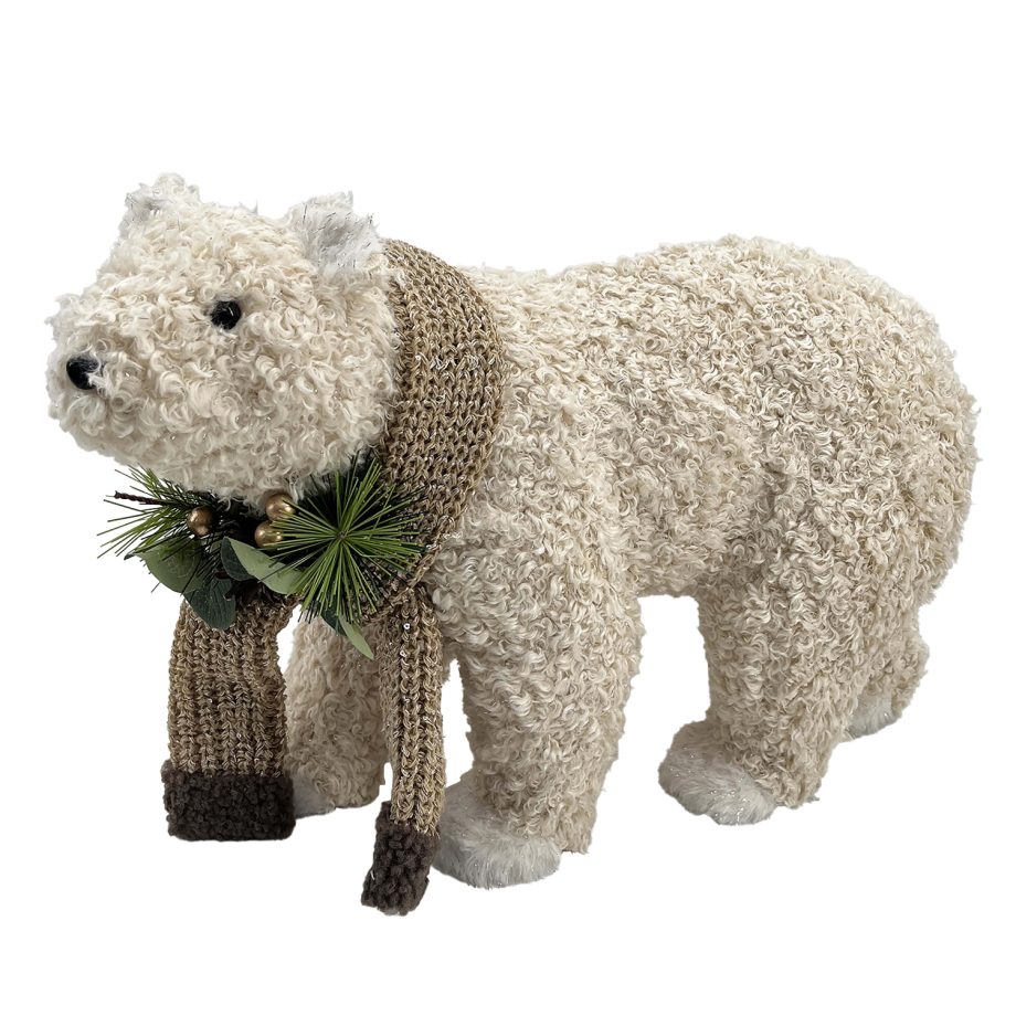 BEAR BEIGE SHERPA WALKING 16.5"x11" W/ SCARF, NEEDLE PINE, CONE & EUCALYPTUS