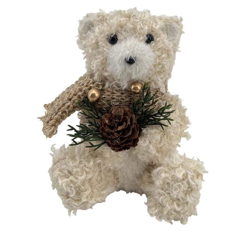 BEAR BEIGE SHERPA SITTING 5"x6.5" W/ SCARF, PINE & CONE