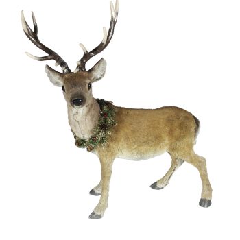 REINDEER STANDING FAUX FUR NATURAL 25"x13.5"x29.5" W/ PINE & CONE