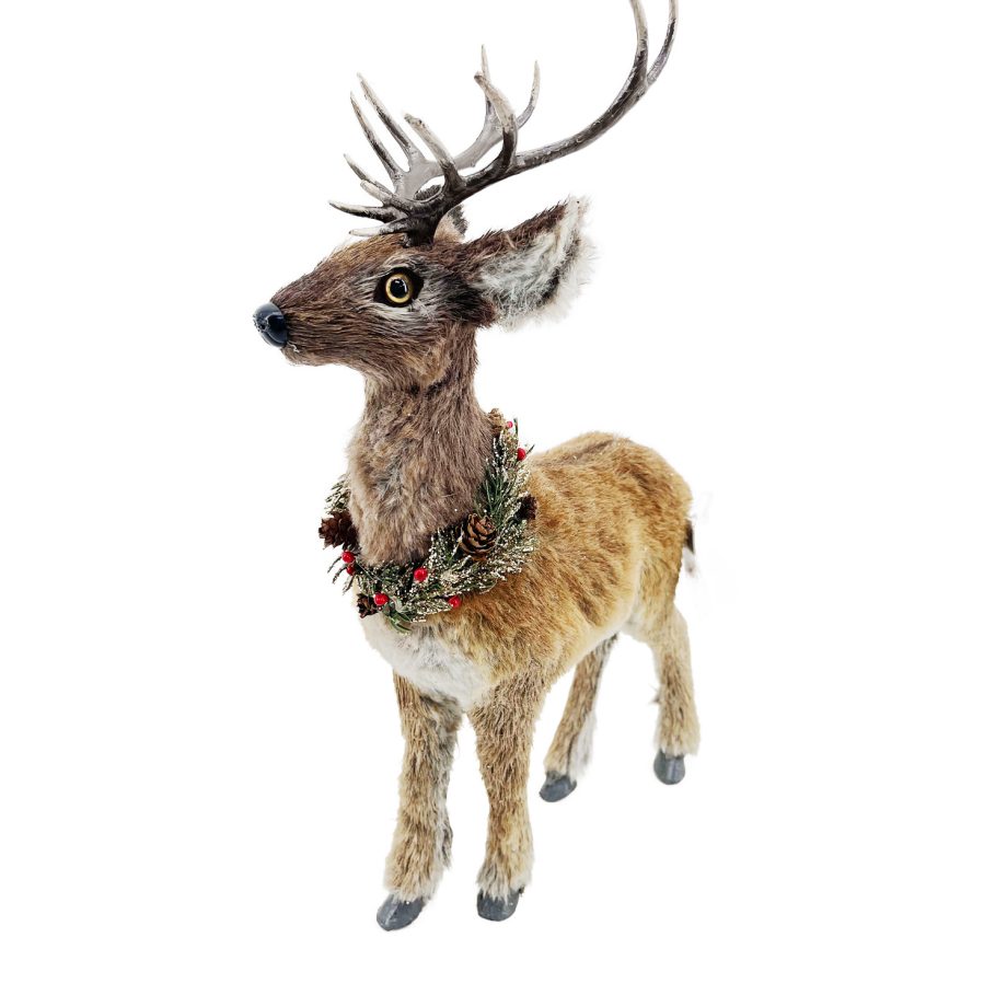 REINDEER STANDING FAUX FUR NATURAL 10.5"x5"x15.5" W/ PINE & CONE