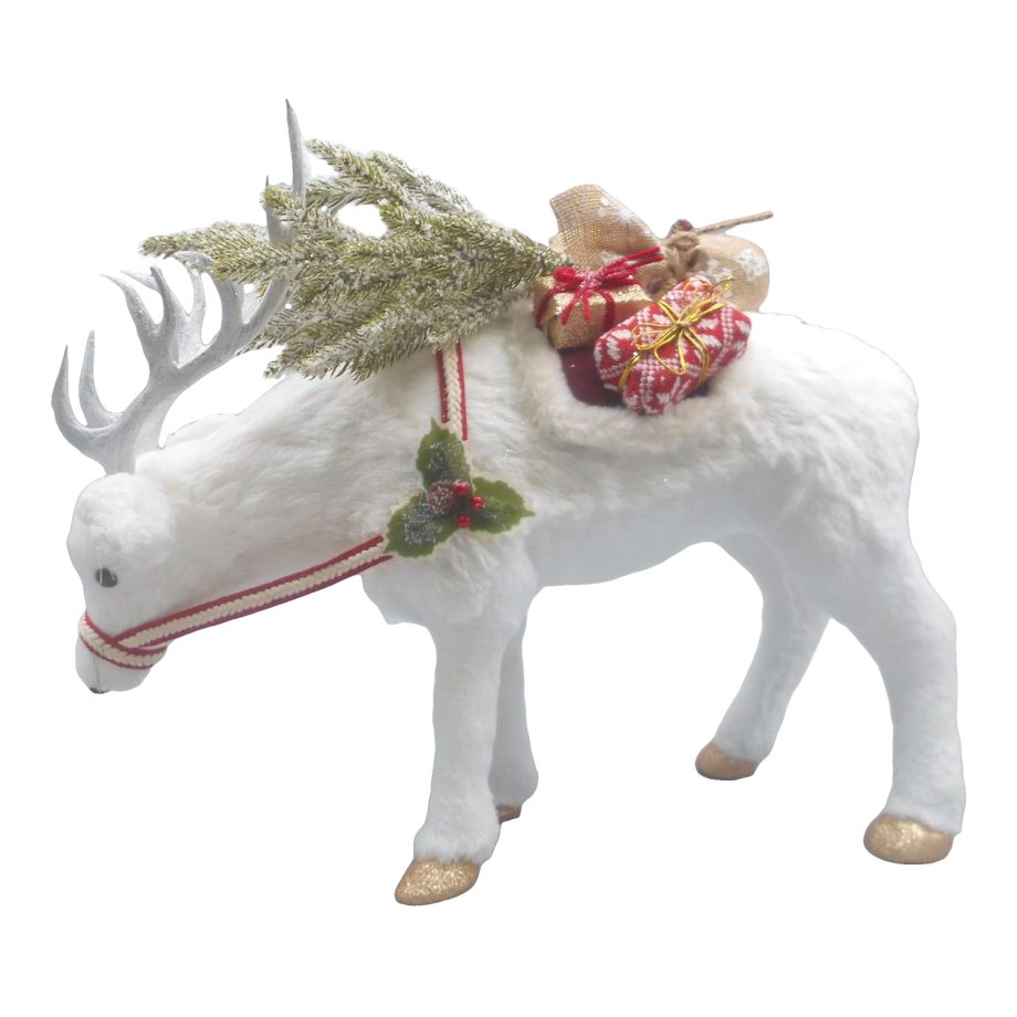 REINDEER STANDING 21.5"x17.5" WHITE W/ GIFTS AND SNOWED PINE