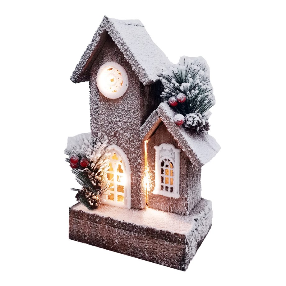 WOODEN NAT./FLOCKED HOUSE 10"+10L W/ LED B/O (NOT INCLUDED) W/ TIMER