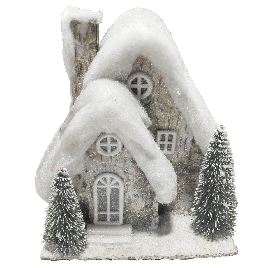 BIRCH LOOK HOUSE 9"x10"X7" W/ SNOW ROOF LED LIGHT-UP W/ TIMER