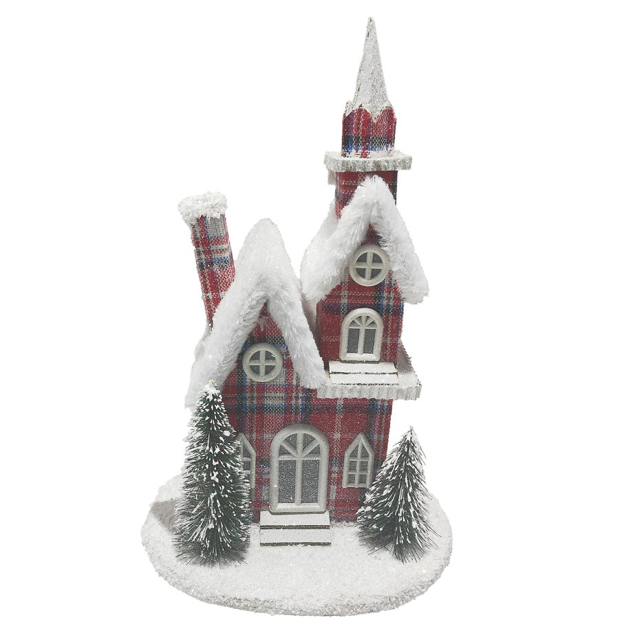 COTTAGE HOUSE9.5"x14.5" RED/PLAID W/ SNOW ROOF LED LIGHT-UP W/ TIMER