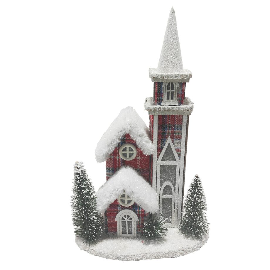 COTTAGE HOUSE 9"x14" RED/PLAID W/ SNOW ROOF LED LIGHT-UP W/ TIMER