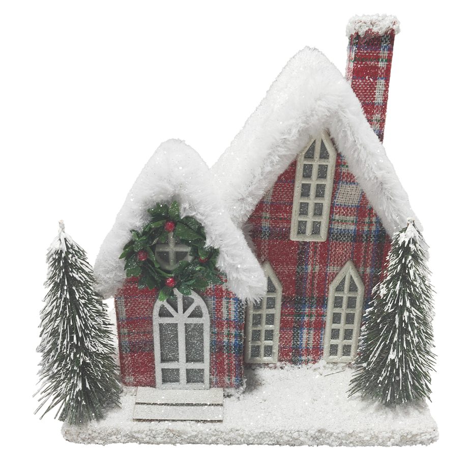 COTTAGE HOUSE 9"x9" RED/PLAID W/ SNOW ROOF LED LIGHT-UP W/ TIMER