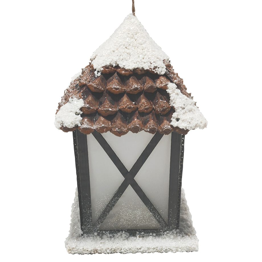 LANTERN SNOWED WOODEN/PINE CONE5"x8.5" NATURAL/BIRCH LOOK LED LIGHT-UP W/ TIMER