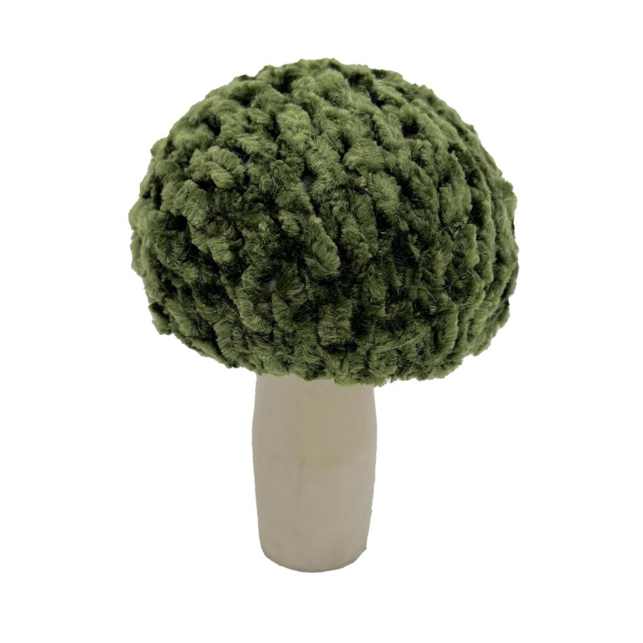 MUSHROOM WOODEN BODY|FABRIC CAP GREEN/NATURAL 3.5" GLITTER/FROSTED