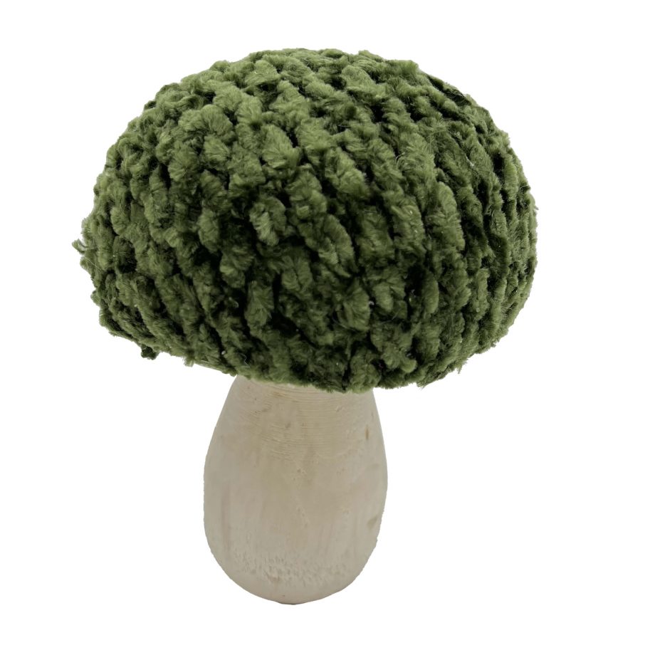 MUSHROOM WOODEN BODY|FABRIC CAP GREEN/NATURAL 4" GLITTER/FROSTED