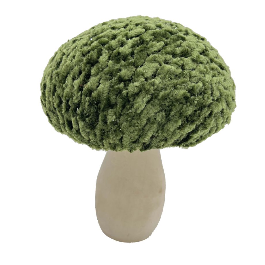 MUSHROOM WOODEN BODY|FABRIC CAP GREEN/NATURAL 4.5" GLITTER/FROSTED