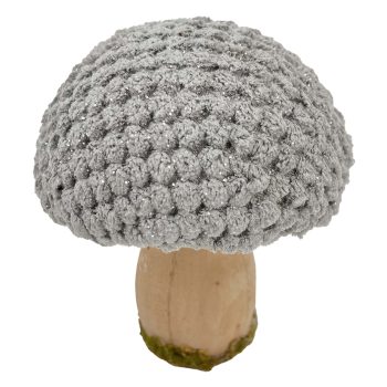 MUSHROOM WOODEN BODY|FABRIC CAP GREY/NATURAL 4" GLITTER/FROSTED