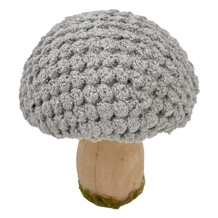 MUSHROOM WOODEN BODY|FABRIC CAP GREY/NATURAL 4" GLITTER/FROSTED