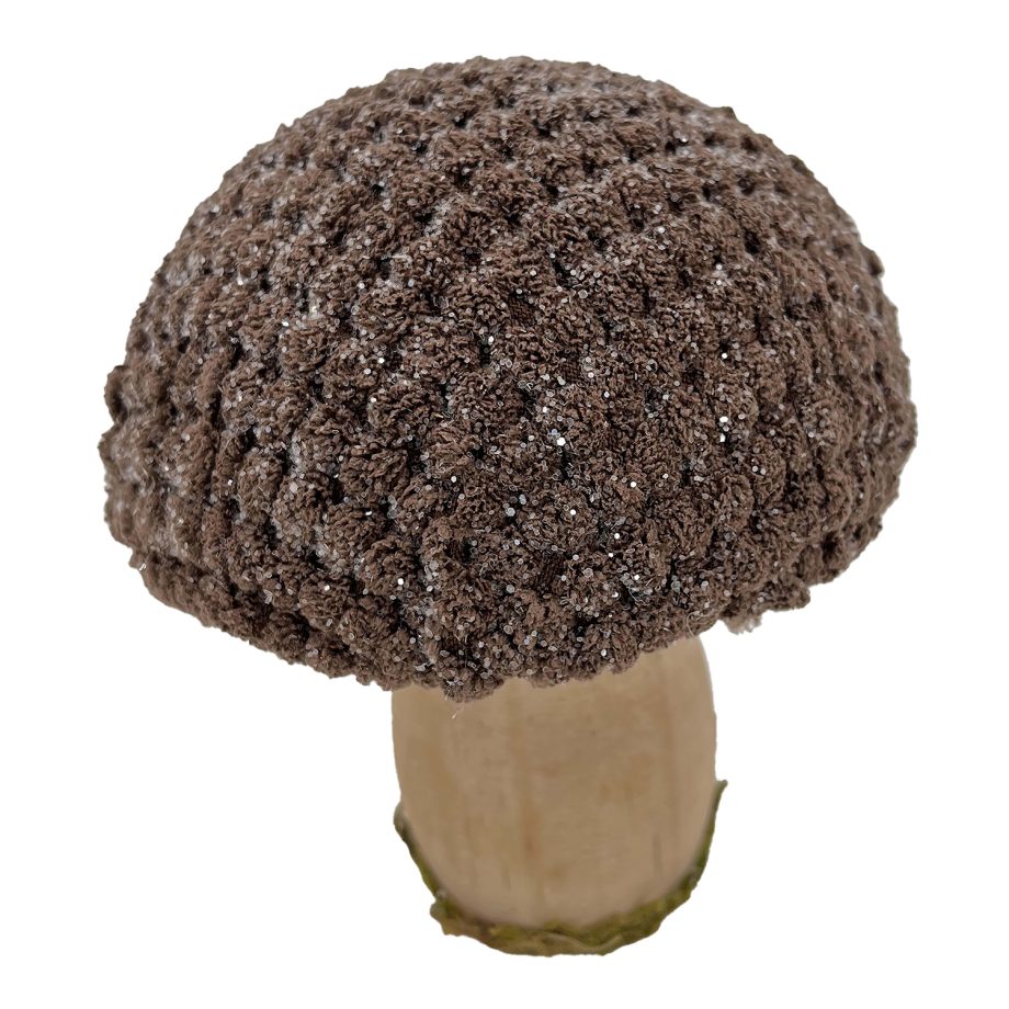 MUSHROOM WOODEN BODY|FABRIC CAP BROWN/NATURAL 4" GLITTER/FROSTED